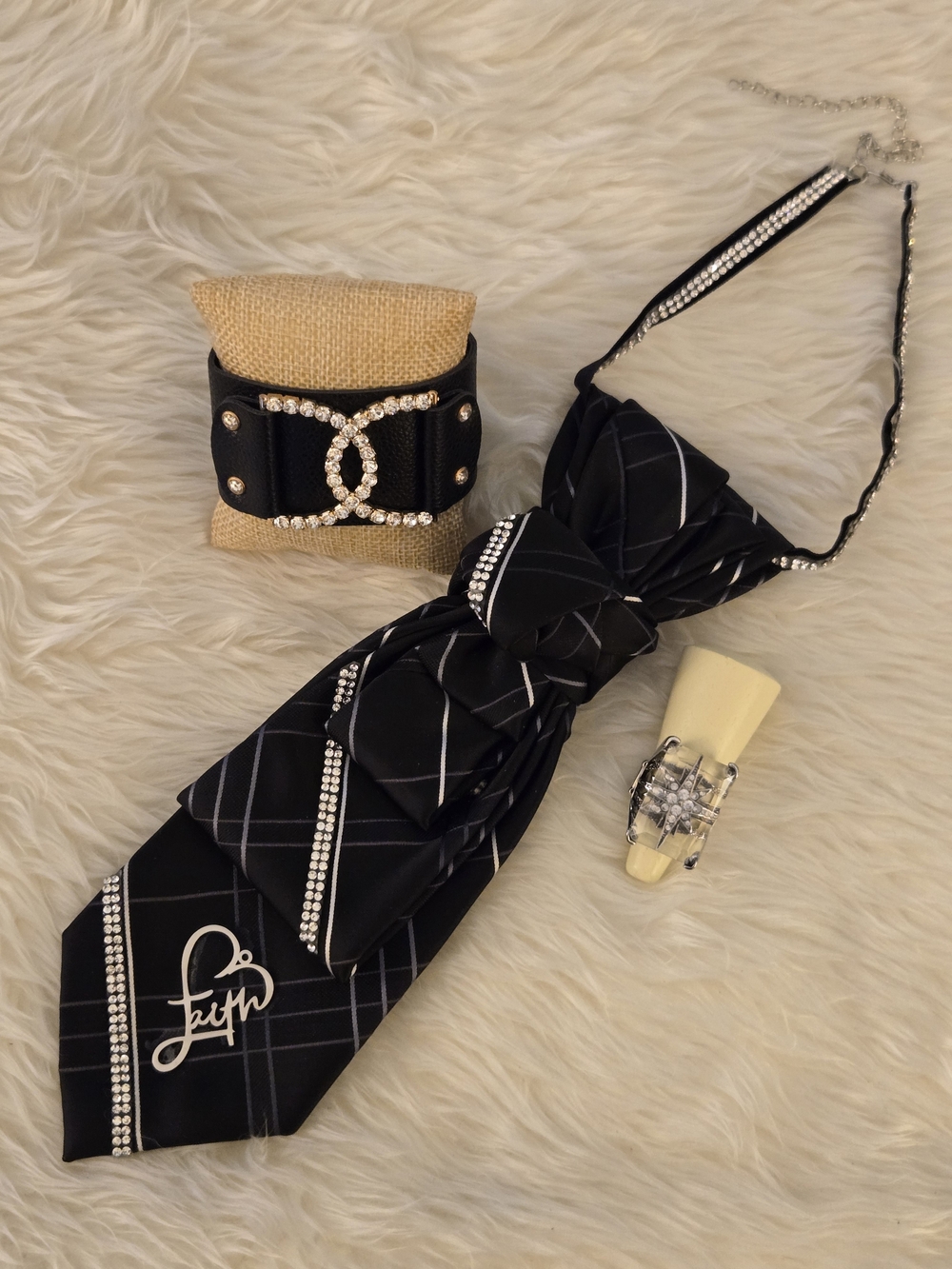 Elegant Black Rhinestone  Tie Necklace with Matching Snap Bracelet and Ring
